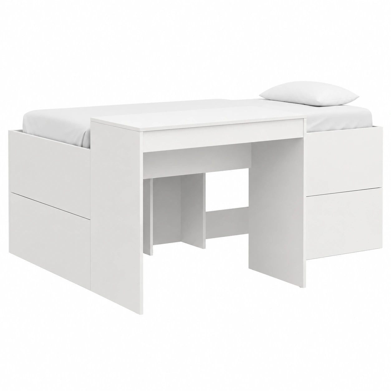 Letto a soppalco multifunzionale in legno bianco con scrivania e rete a doghe, 80 x 160 cm