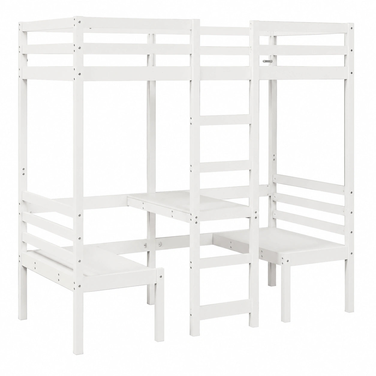 Letto a soppalco bianco in legno di pino con scrivania e sedie, 195,5x97,5x190,5 cm, ideale per camerette e sicurezza garantita