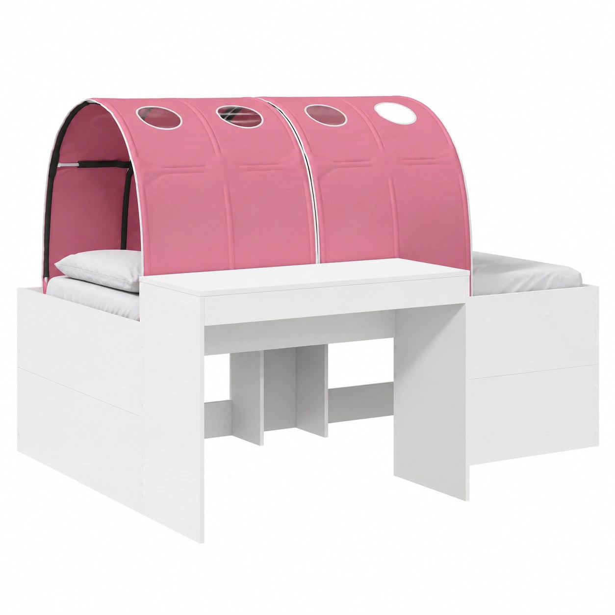 Letto a soppalco per bambini con scrivania integrata, legno bianco e rosa, design salvaspazio moderno