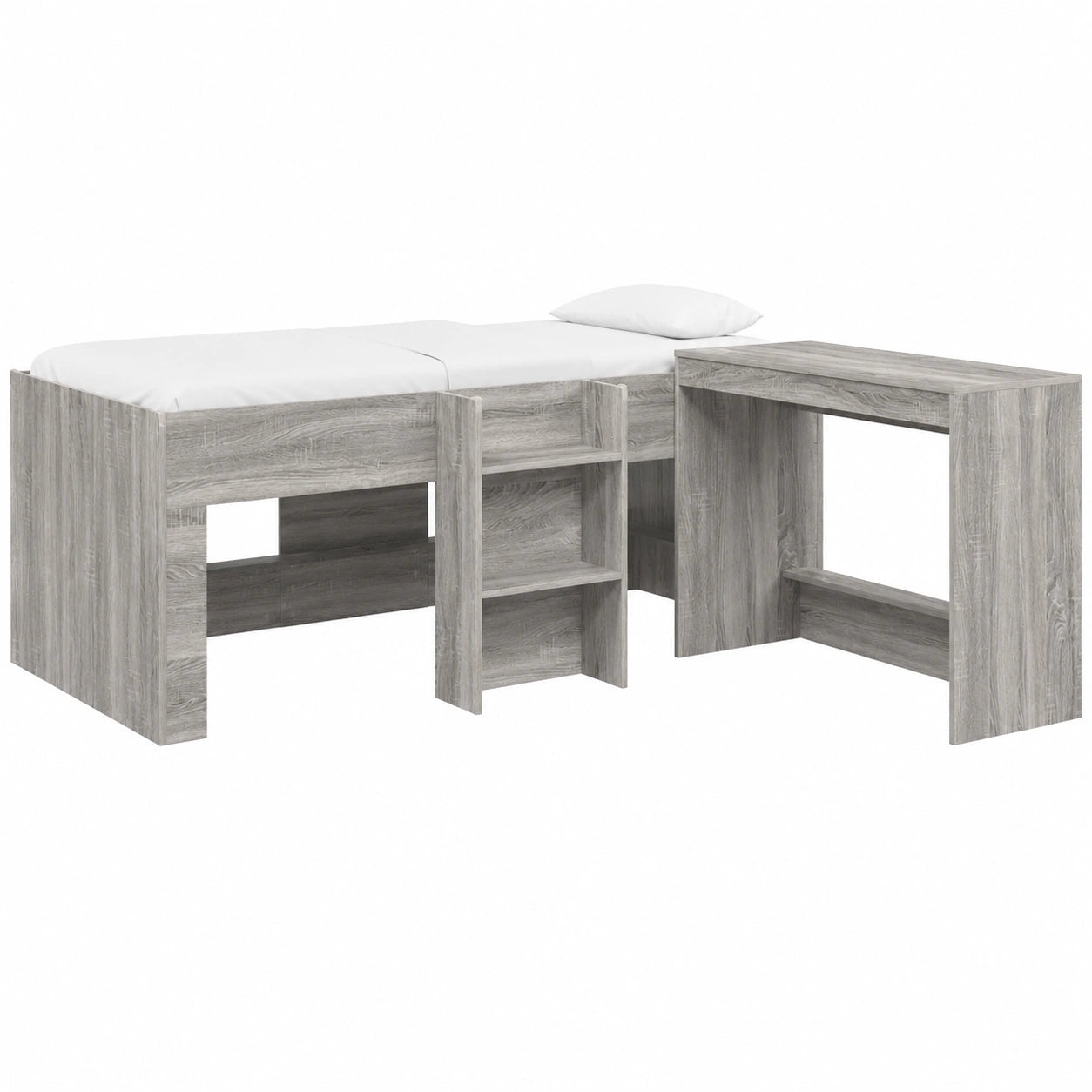 Letto a soppalco multifunzionale in legno con scrivania, design salvaspazio per bambini e ragazzi, colore grigio Sonoma, struttura robusta per 1 persona