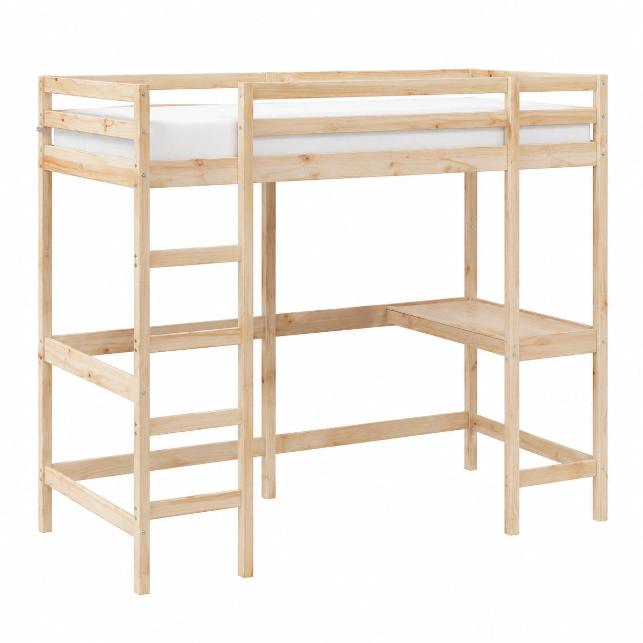 Letto soppalco bambini con scrivania integrata, 90x200 cm, in pino massiccio con protezione anticaduta e rete a doghe, ideale per spazi ridotti, età 6+