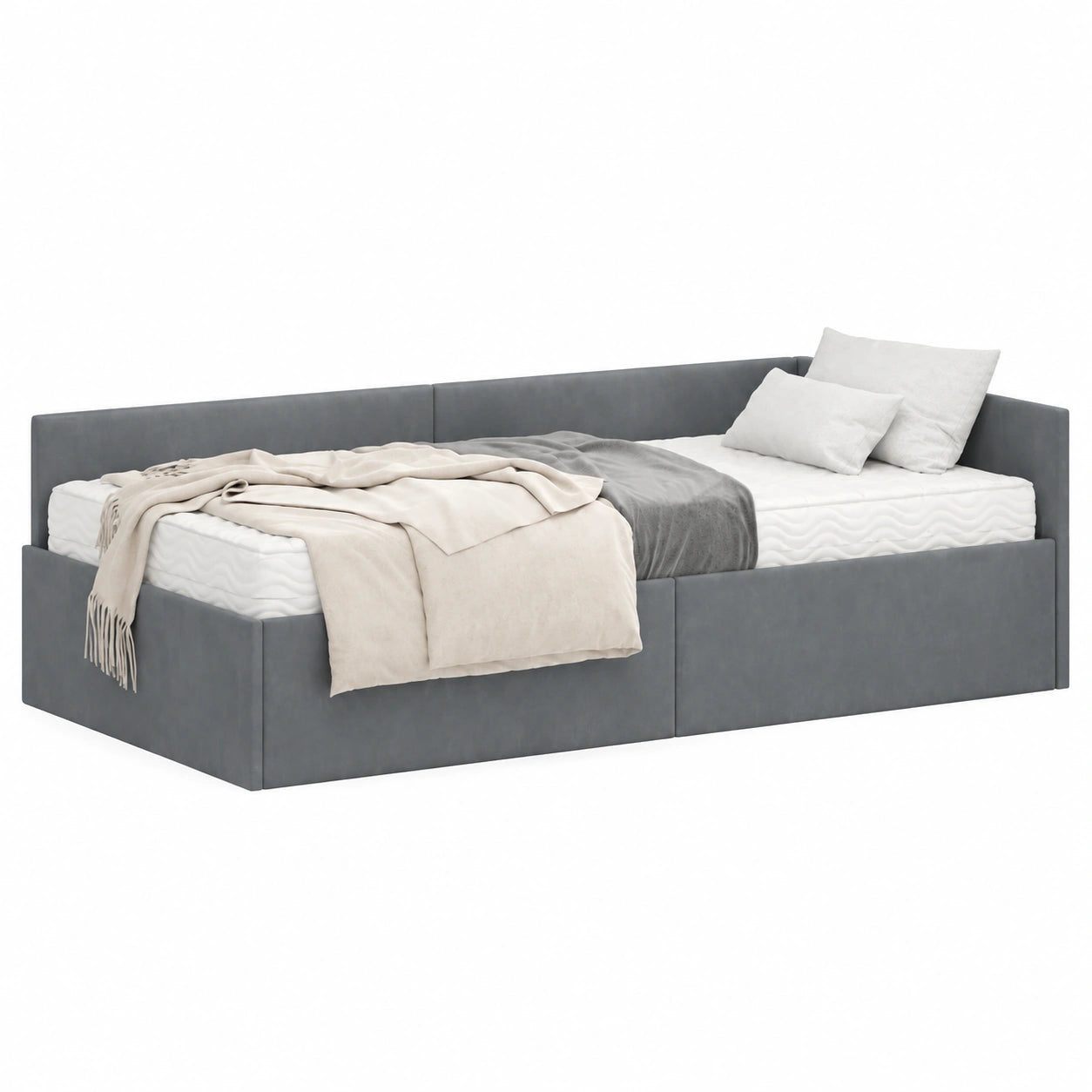 Letto Singolo Angolare con Materasso, Velluto Grigio, 204x84x57 cm, Traspirante e Durevole