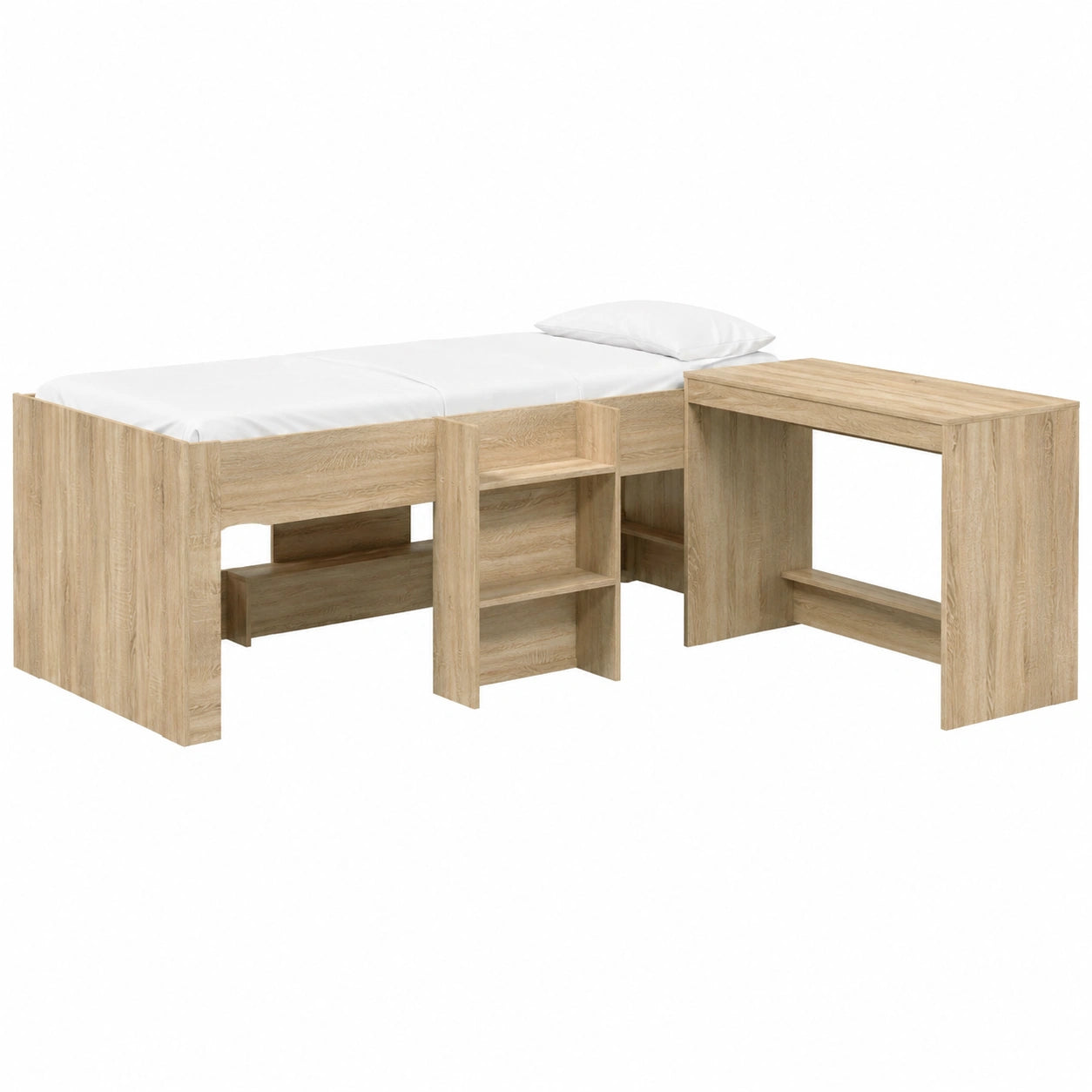 Letto a soppalco multifunzione in rovere Sonoma con scrivania integrata, rete a doghe, 203x101 cm, ideale per cameretta dei ragazzi, salvaspazio e in legno resistente