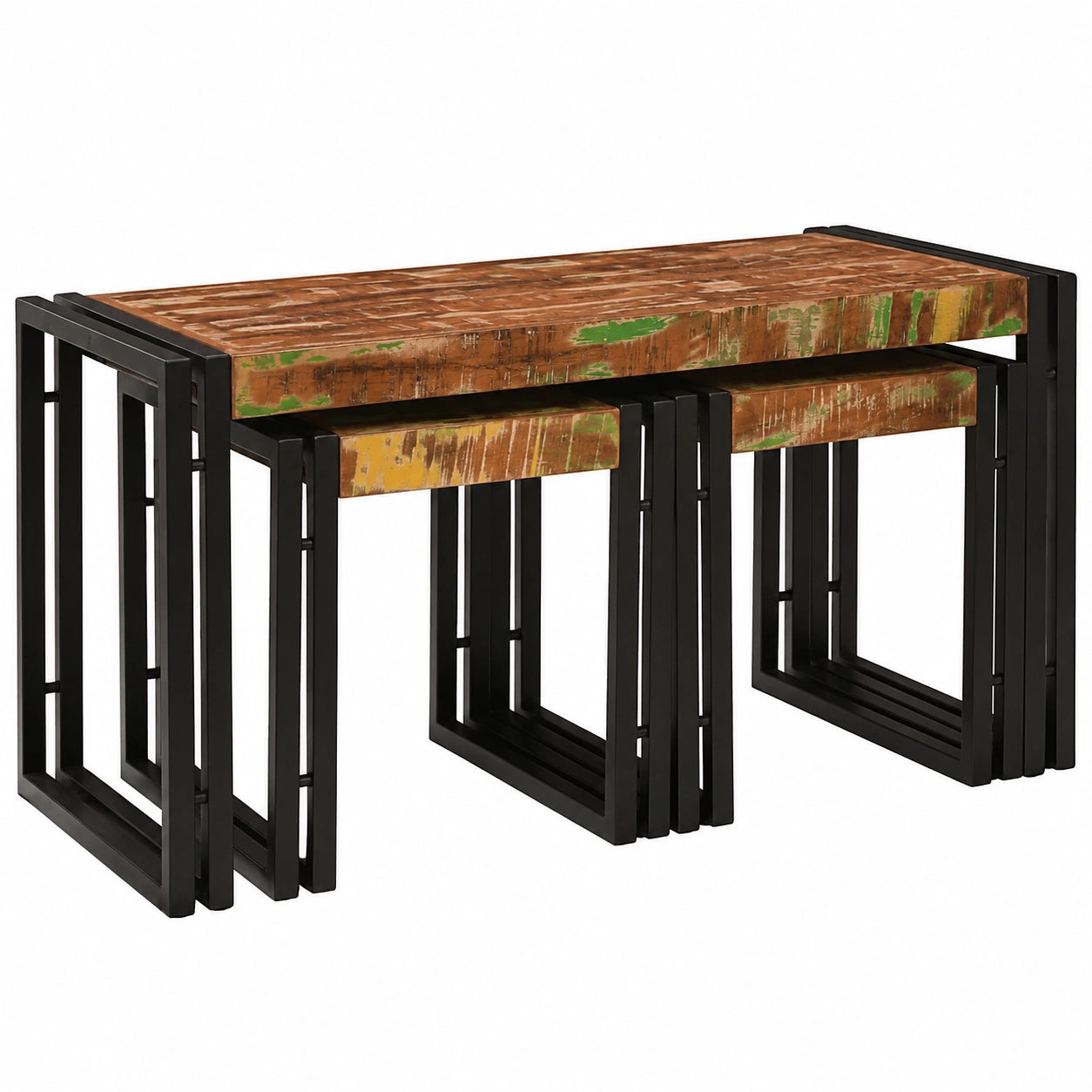 Set Tavoli Impilabili in Legno Riciclato e Metallo, Design Moderno, Salvaspazio per Soggiorno