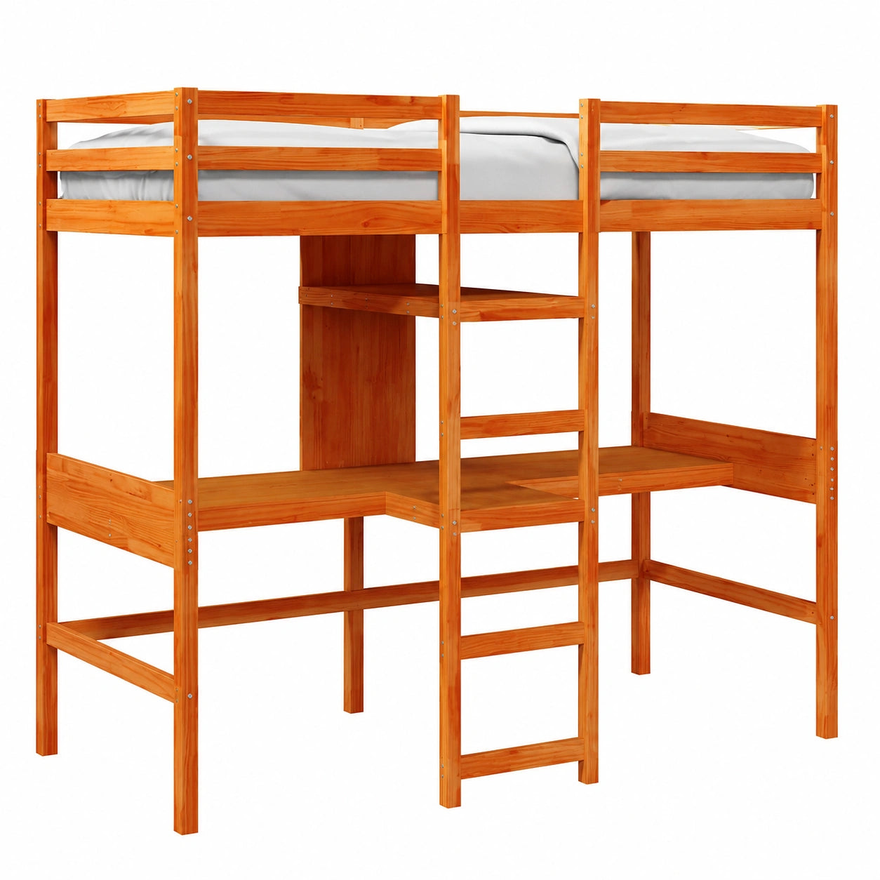 Letto a soppalco salvaspazio in pino massiccio con scrivania integrata e scaffali, 75 x 190 cm, marrone cerato, ideale per ufficio e cameretta