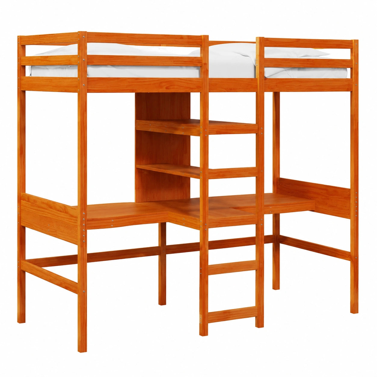 Letto a soppalco in pino con scrivania integrata, 90x190 cm, finitura marrone per cameretta e studio