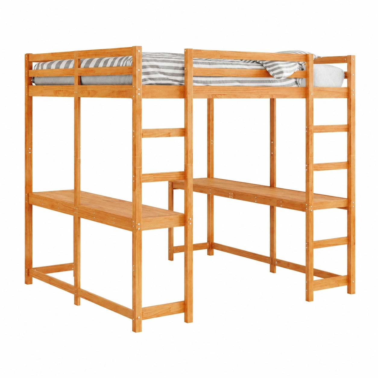 Letto a soppalco in pino massiccio con scrivania integrata e scala, protezione anticaduta, 160x200 cm