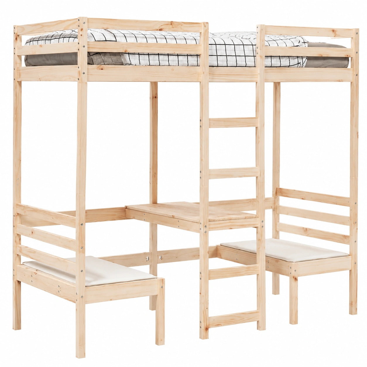 Letto a soppalco in pino con scrivania integrata e sedie, scala inclusa, 75x190 cm, design salvaspazio