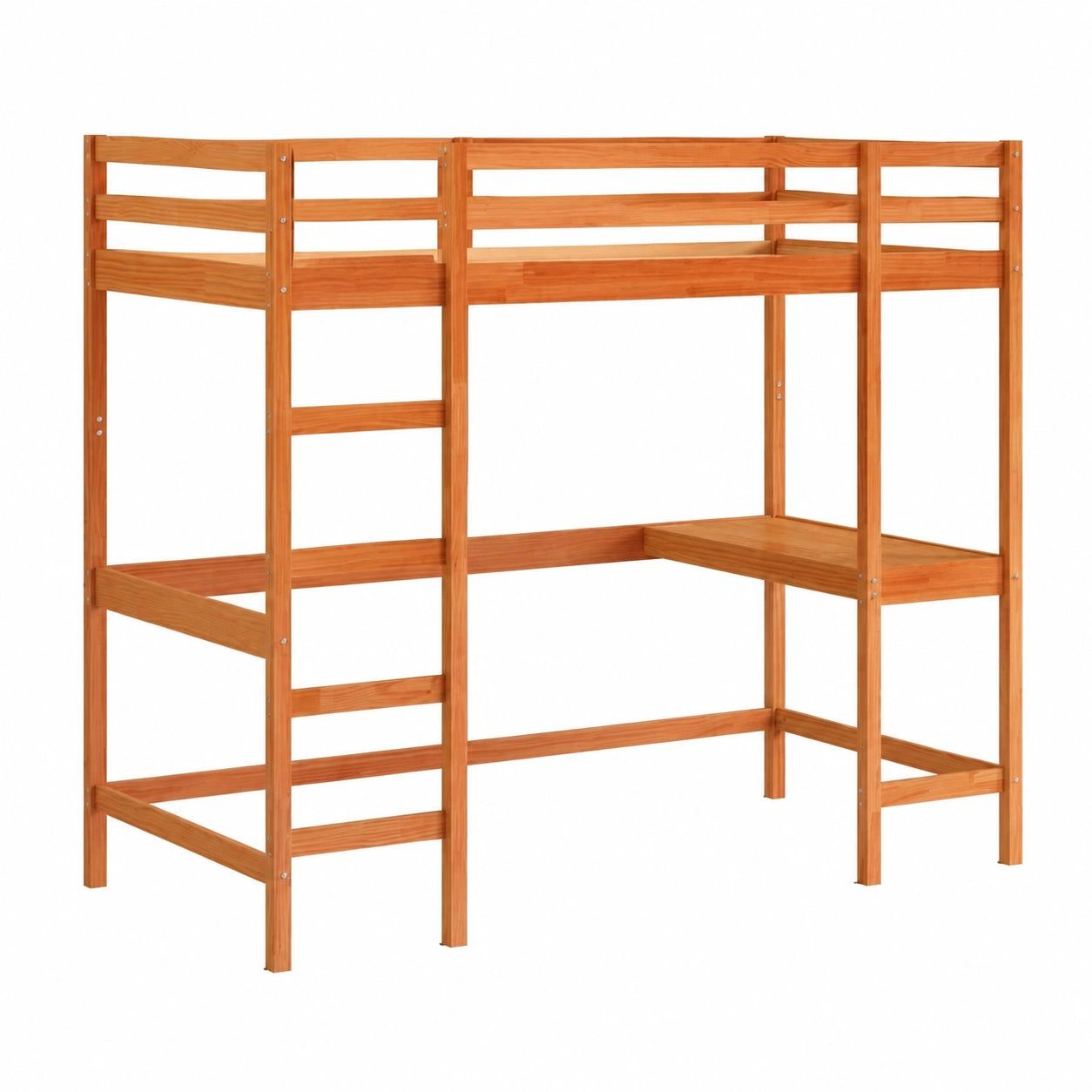 Letto a soppalco per bambini in legno di pino massiccio, con scrivania integrata e protezione, 90x200 cm