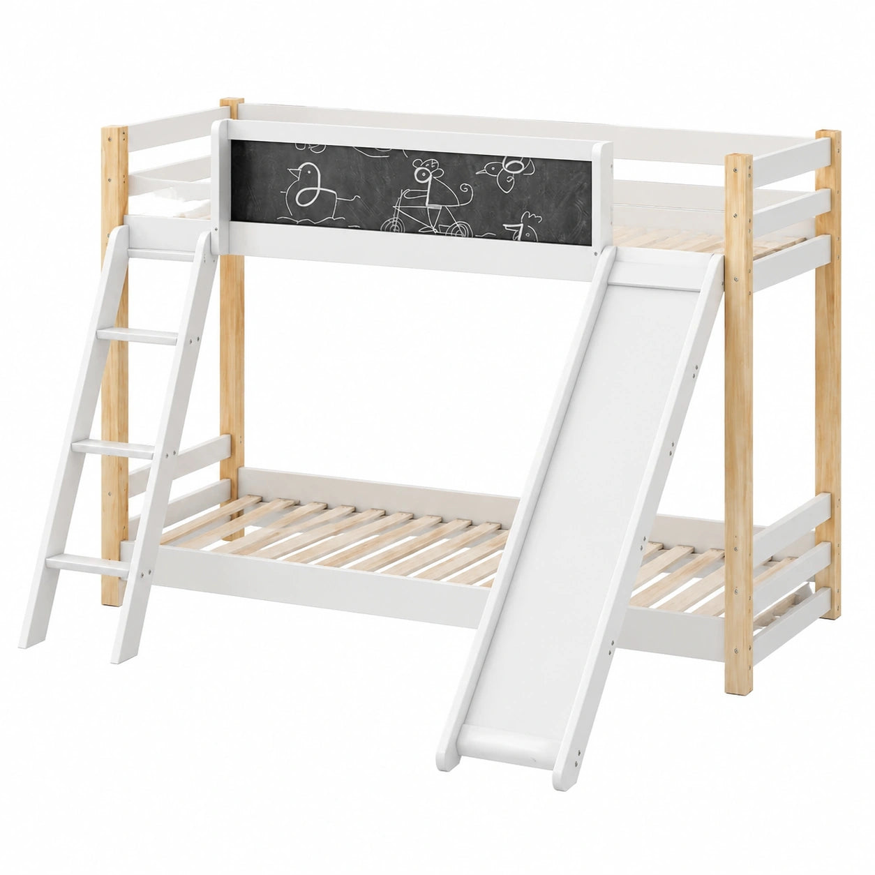 Letto a castello per bambini con scivolo e lavagna in legno bianco, 90x200 cm