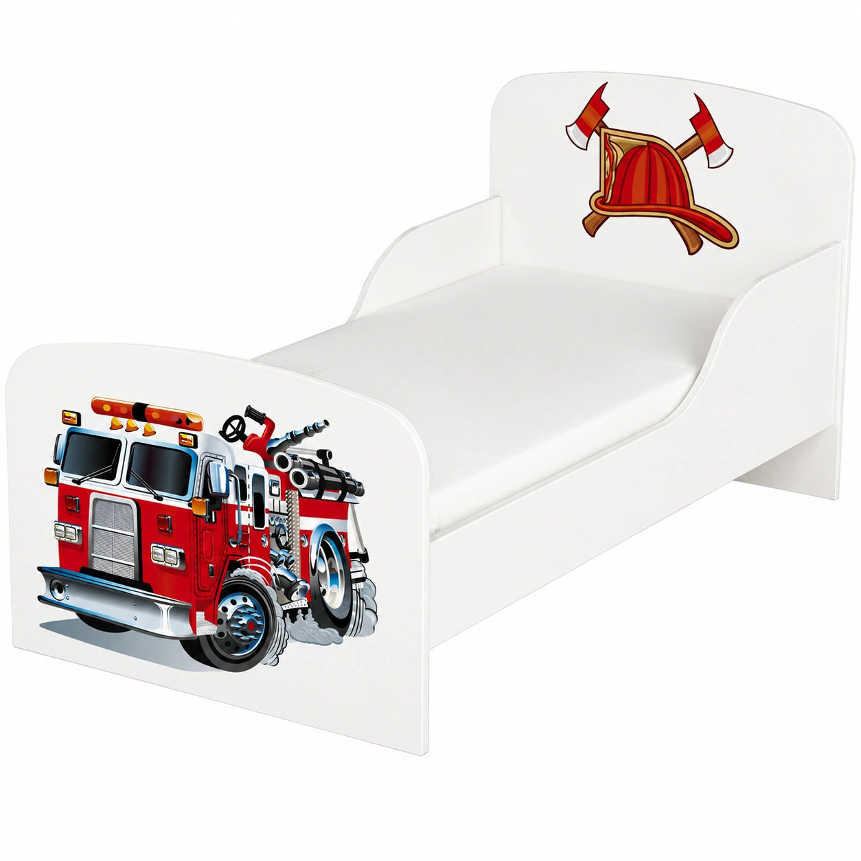 Letto per Bambini in Legno con Materasso e Motivo Camion dei Pompieri, 140x70 cm