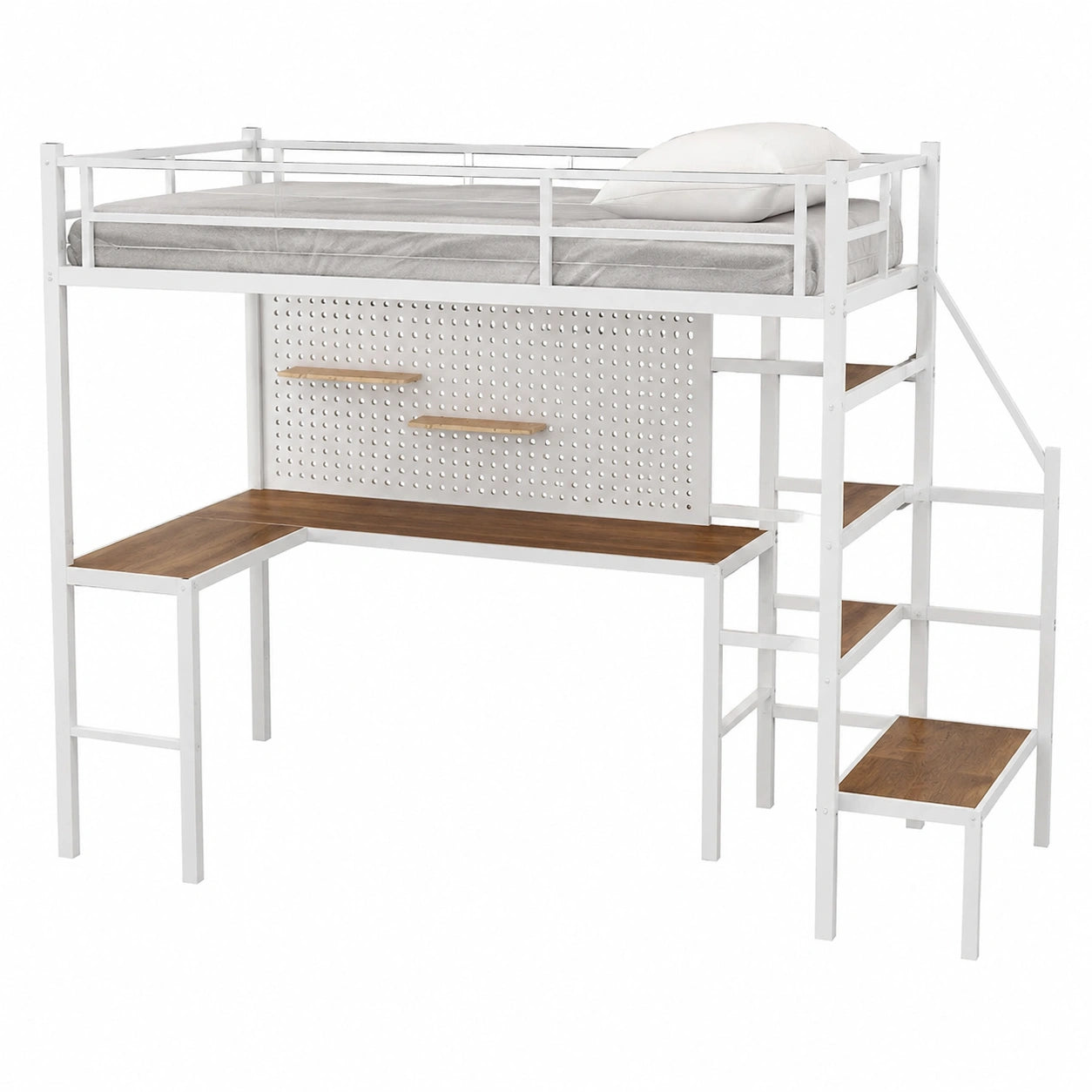Letto a soppalco multifunzionale con scrivania integrata e scala con scaffali